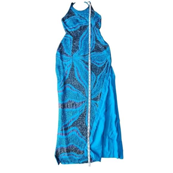 Cache Vintage Beaded Silk Blue Open Back Gown Maxi Dress High Slits Size Large - Picture 10 of 13